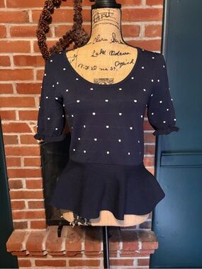 Love Scarlet Navy Peplum Knit Top with Dot Texture, ruffled bottom Med
